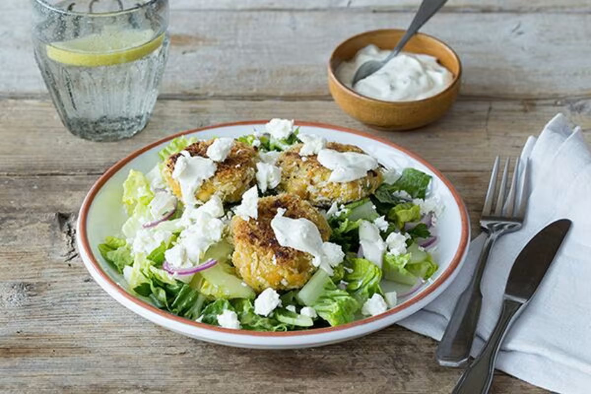 Crispy Falafel Salad with Pickled Red Onion, Cucumber and Greek Yogurt Dressing - Bermy Recipe Box