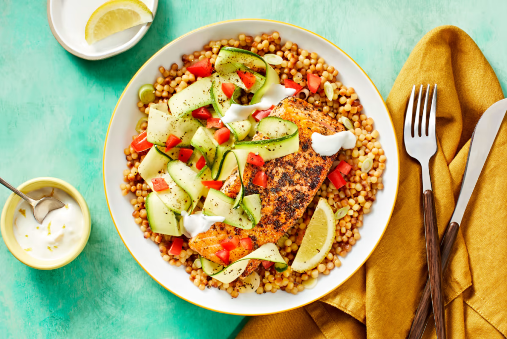 Salmon Limone with Couscous, Italian Herbs & Zucchini Ribbon Salad - Bermy Recipe Box