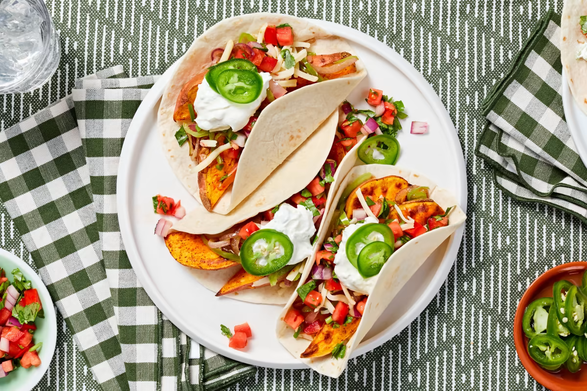 Sweet Potato Fajitas with Pepper Jack Cheese, Pickled Jalapeño, and Lime Crema - Bermy Recipe Box