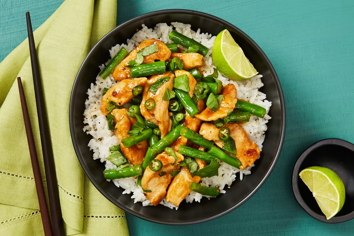 Thai Basil Chicken Stir-Fry with Lime, Green Beans and Jasmine Rice - Bermy Recipe Box