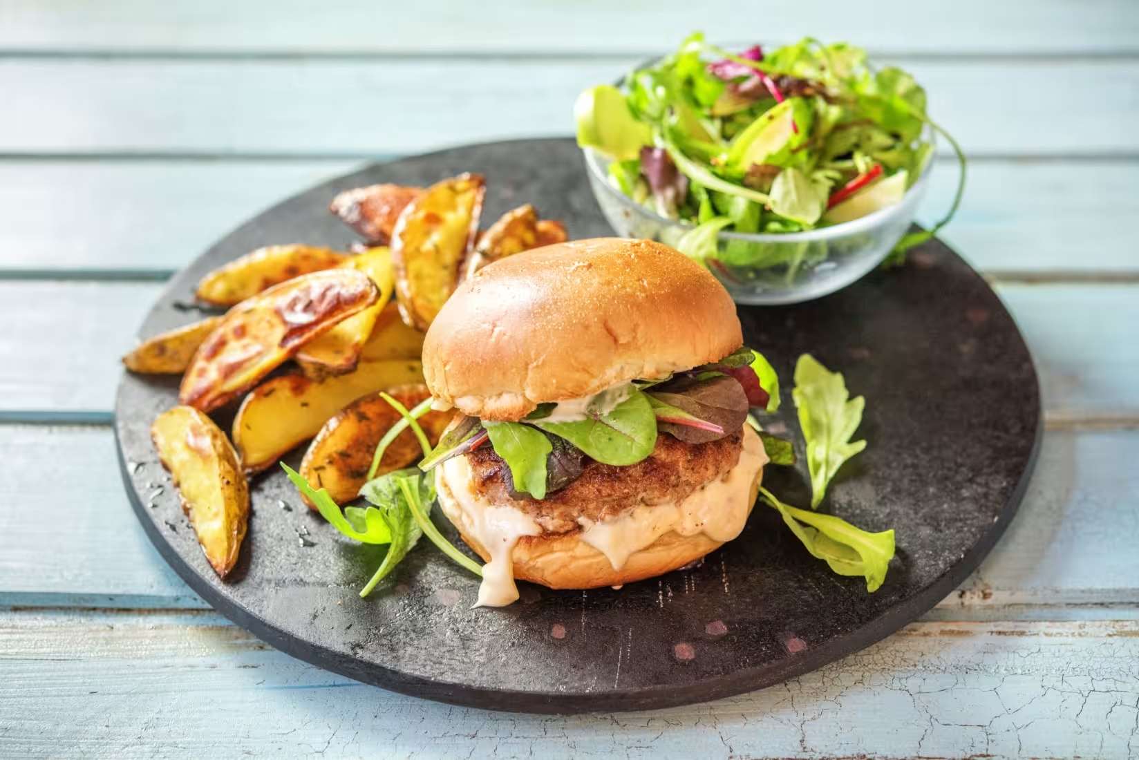 Juicy Apple Pork Burgers with Rosemary Potatoes and Green Salad - Bermy Recipe Box