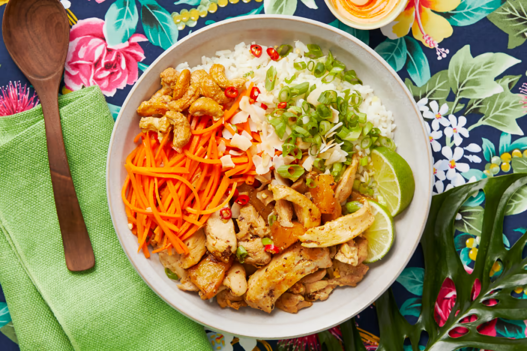 Hawaiian Chicken Poke Bowls with Pineapple, Coconut Cashews, and Sriracha Lime Cream - Bermy Recipe Box