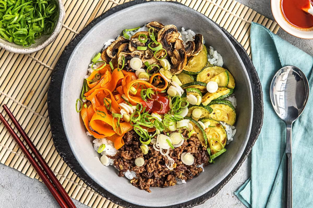Korean Beef Bibimbap with Zucchini, Mushrooms and Carrot - Bermy Recipe Box
