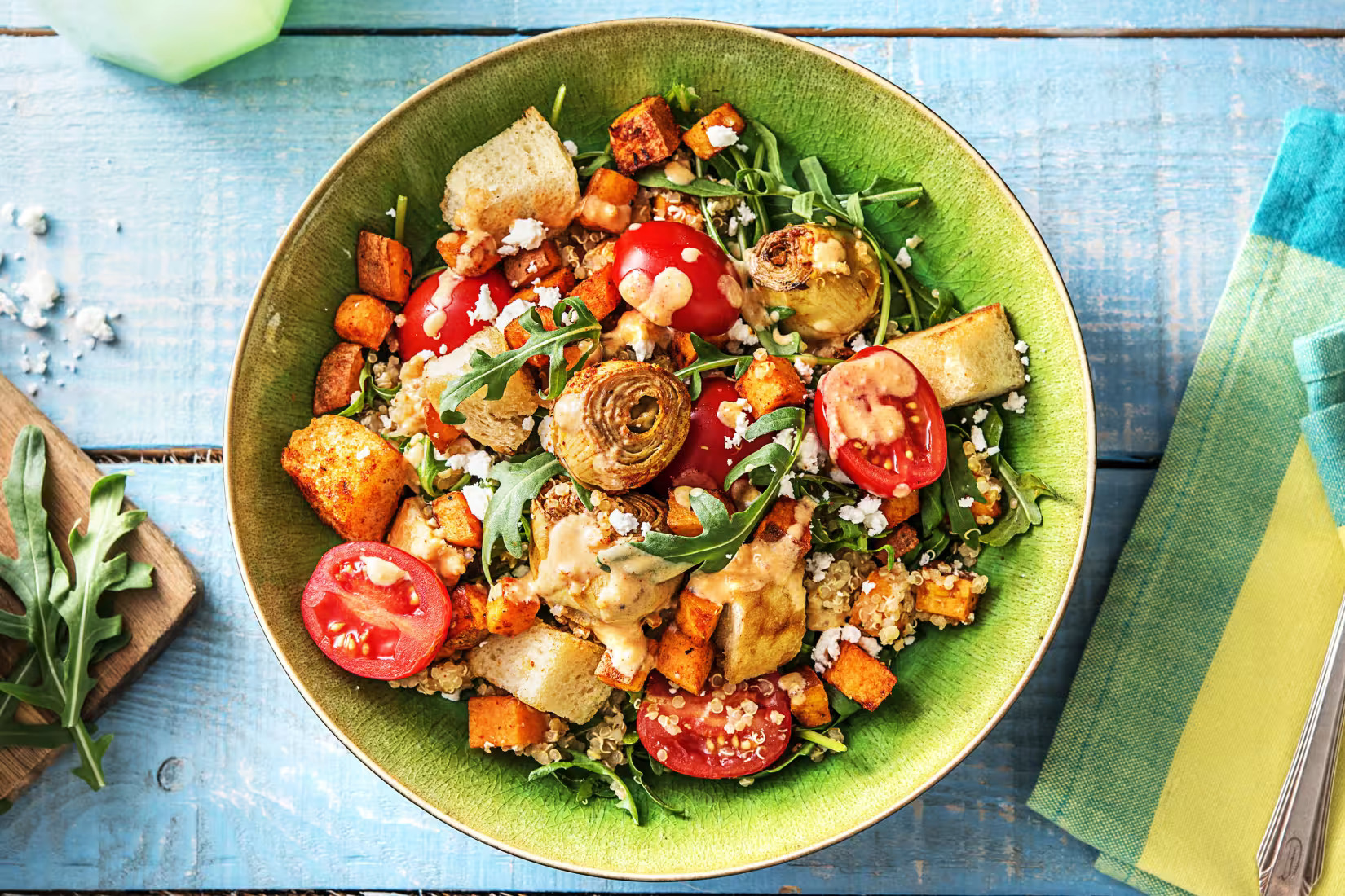 Loaded Quinoa Bowls with Barbecue Squash, Artichokes, Feta Cheese and Croutons - Bermy Recipe Box