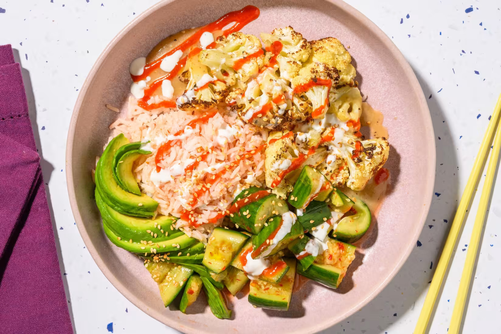 Honey-Miso Cauliflower Poke Bowl with Smacked Cucumber Salad and Sriracha Avocado - Bermy Recipe Box