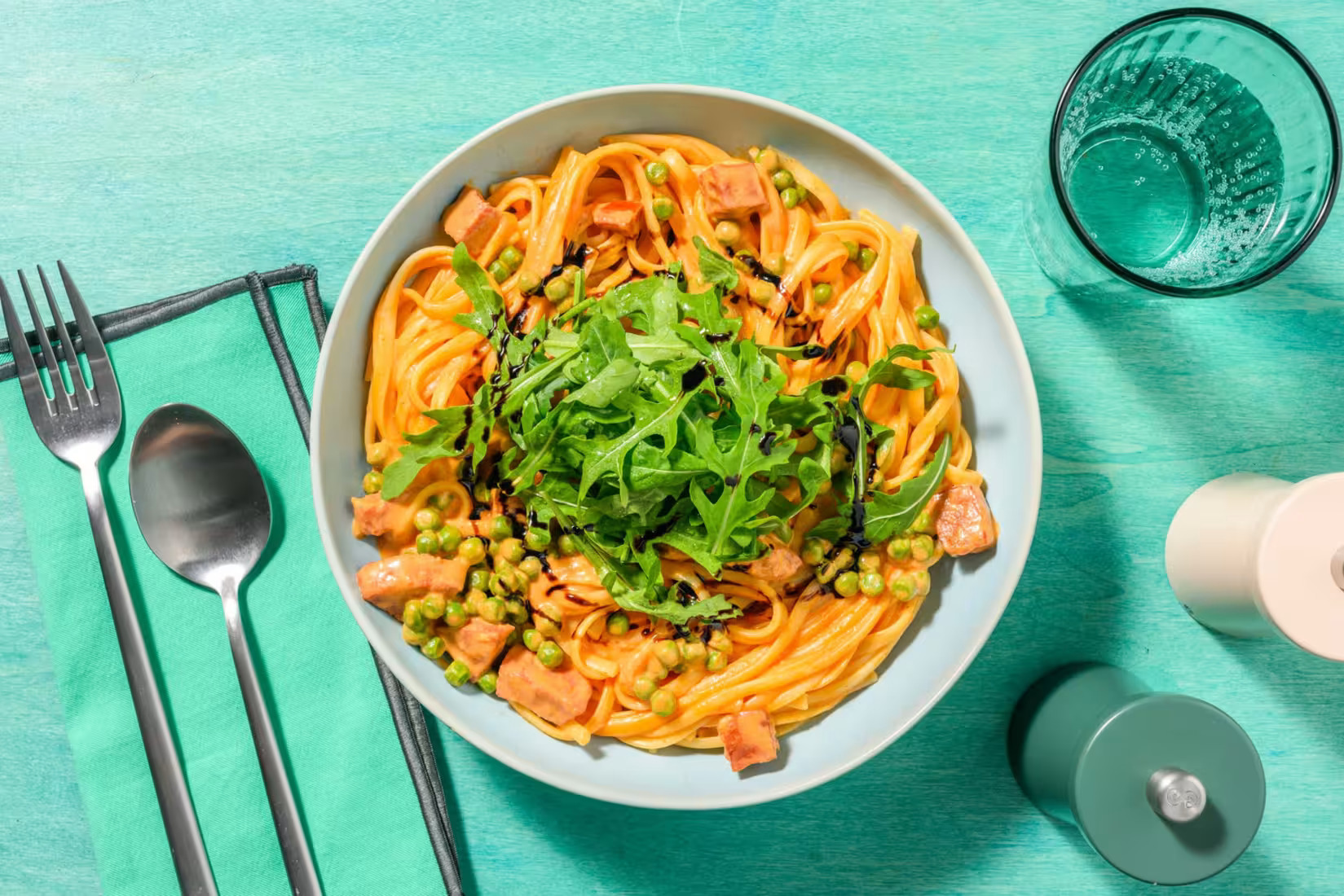 Chorizo Linguine in Creamy Sauce with Peas, Rocket and Balsamic Glaze - Bermy Recipe Box