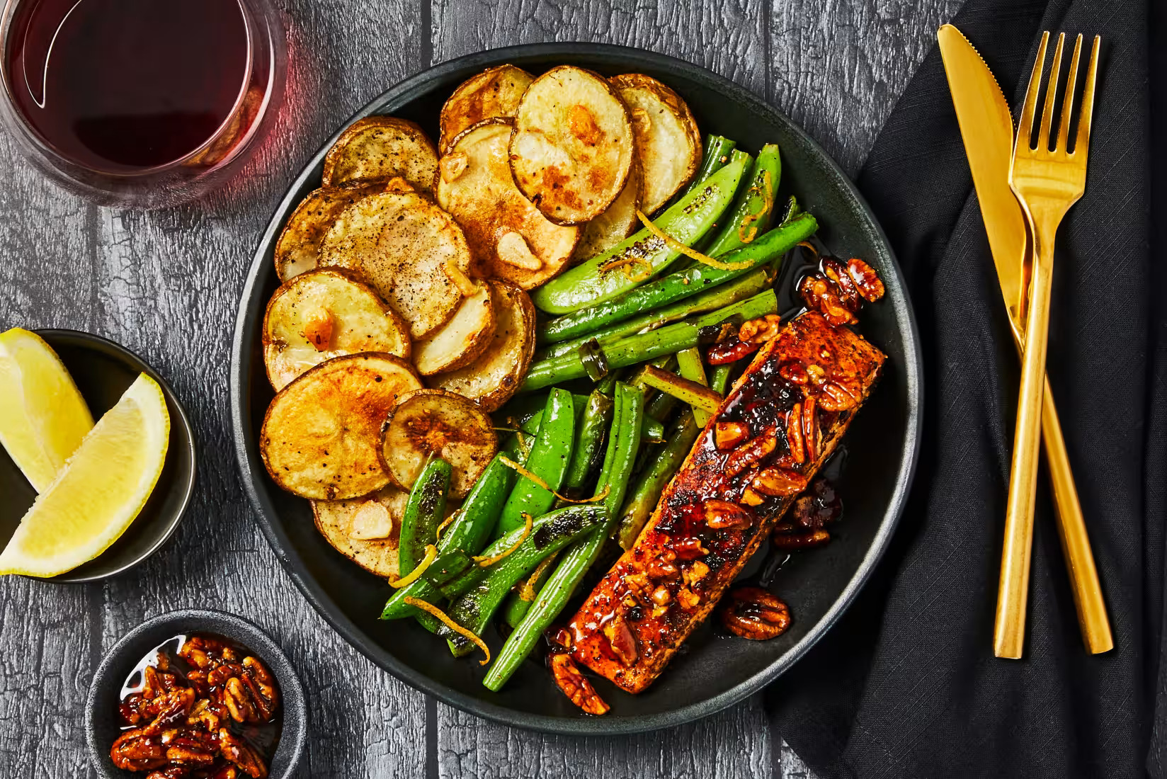Brown Sugar Bourbon Salmon with Garlic Potatoes, Lemony Veggies ...