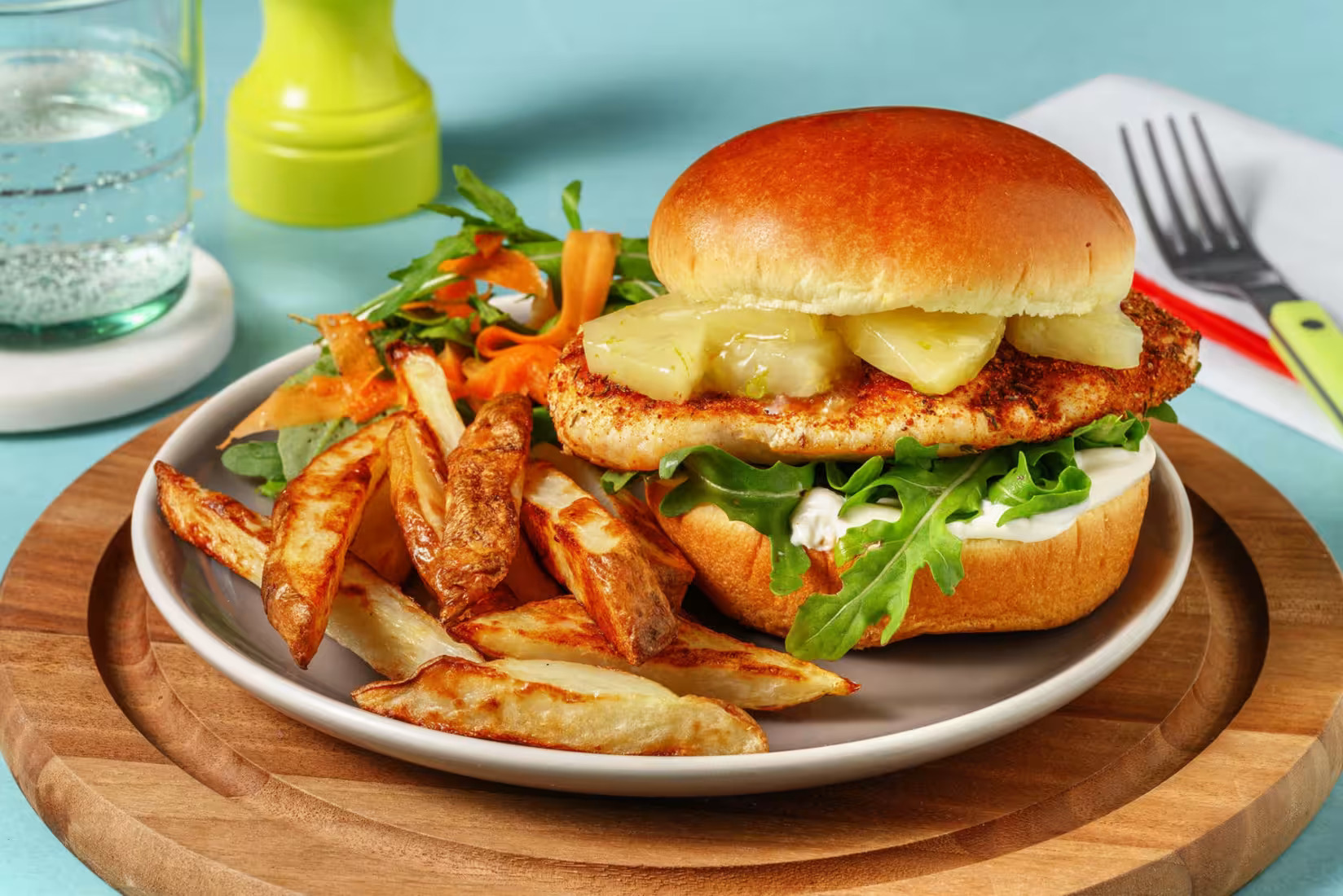 Cajun Chicken Burger and Chips with Zesty Pineapple Relish and Lime Dressed Carrot Salad - Bermy Rec