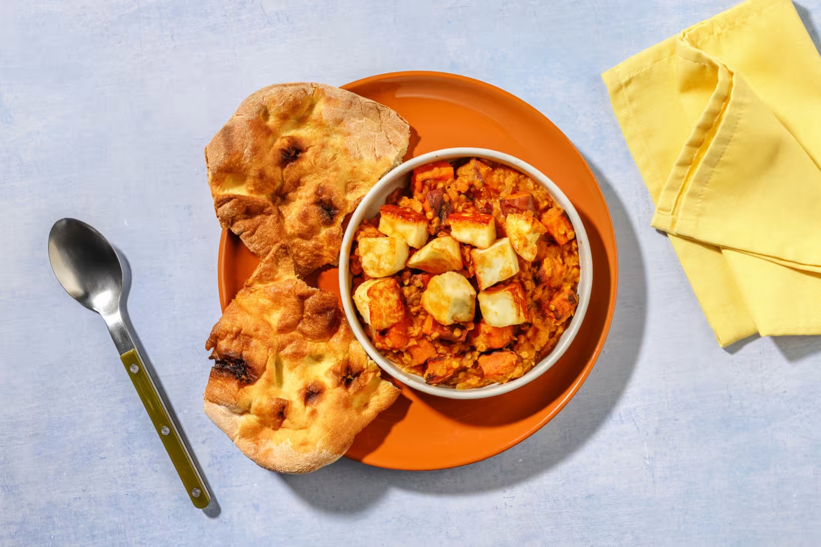 Mango Chutney Halloumi & Sweet Potato Dal with Naan Bread - Bermy Recipe Box