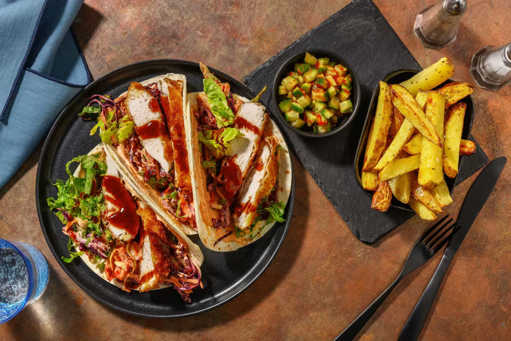 Crispy Hoisin Chicken Tacos and Chips with Smacked Cucumber and Sambal Mayo Salad - Bermy Recipe Box