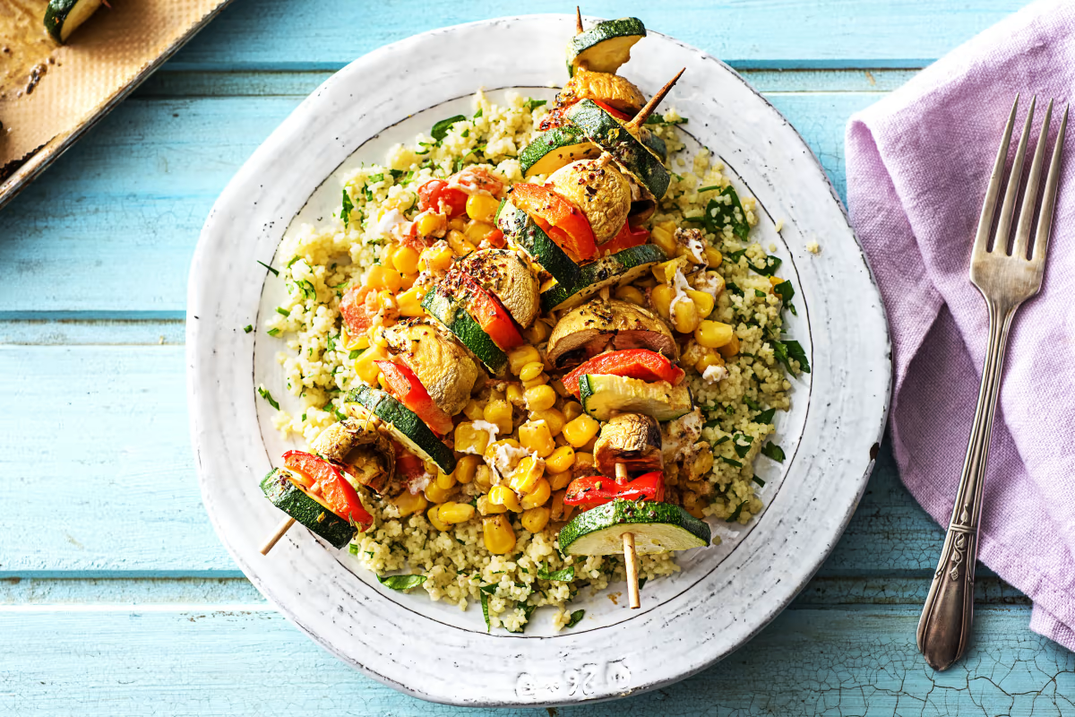 Vibrant Veggie Skewers over Herbed Couscous with a Corn Relish - Bermy Recipe Box
