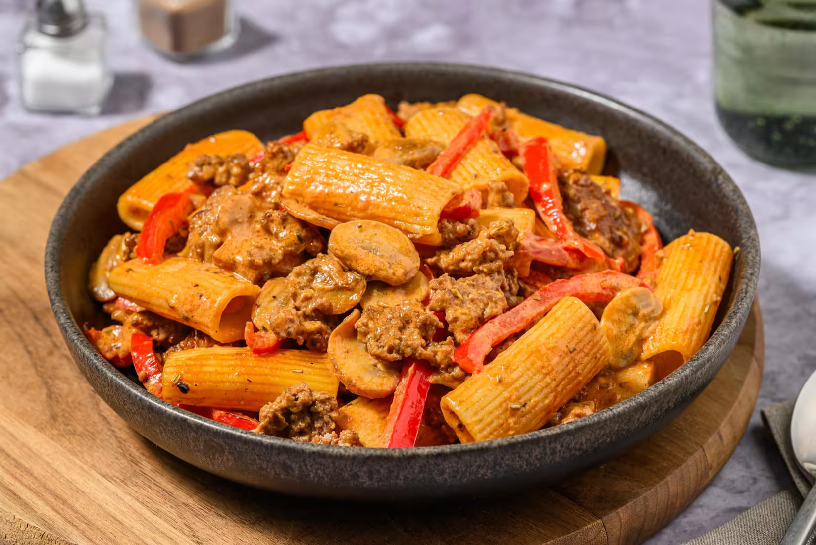 Speedy Rosemary Lamb and Mushroom Rigatoni with Creamy Tomato Sauce, Bell Pepper and Cheese - Bermy 
