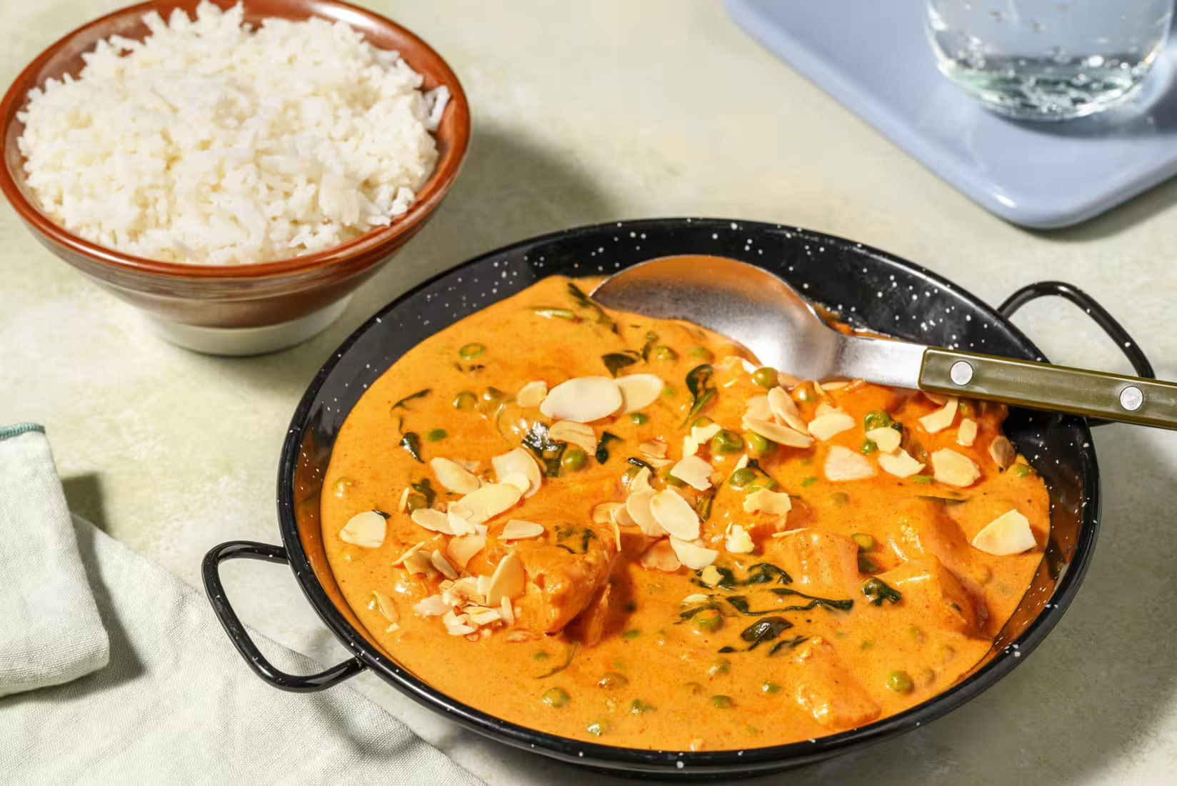 Speedy Chicken, Pea and Spinach Korma with Garlic Rice and Flaked Almonds - Bermy Recipe Box