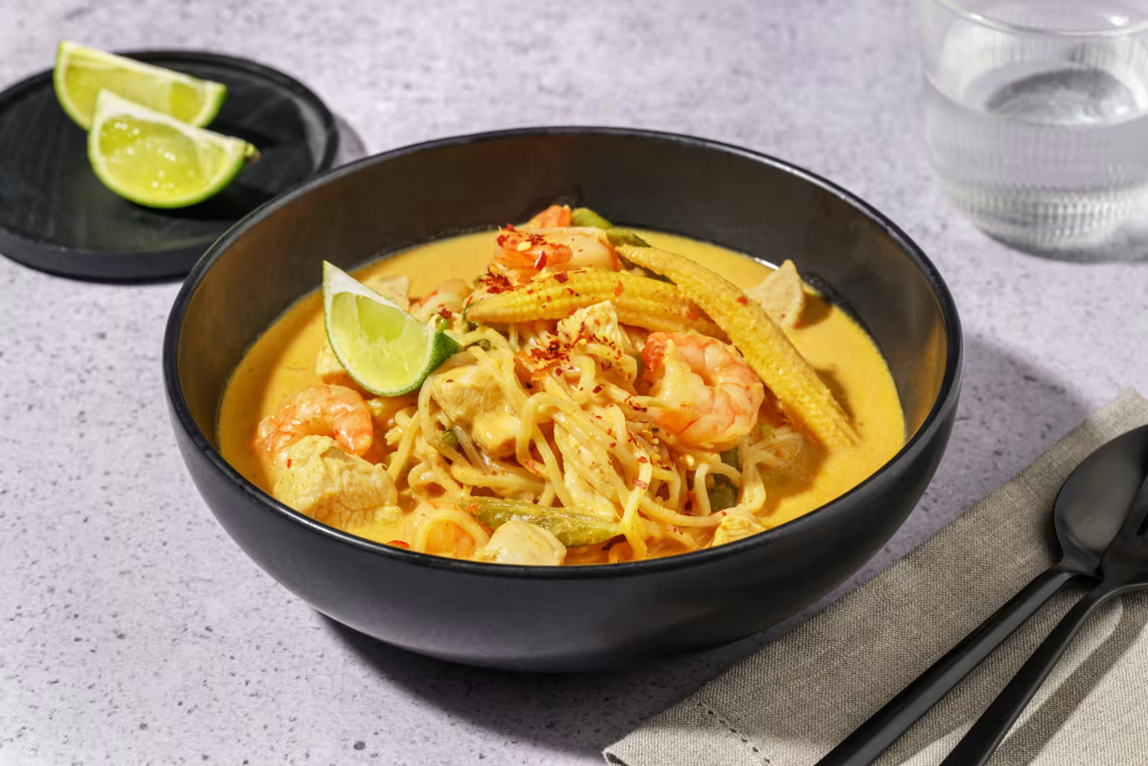 Ultimate Coconut Chicken and Shrimp Laksa with Egg Noodles, Baby Corn and Young Pea Pods - Bermy Rec