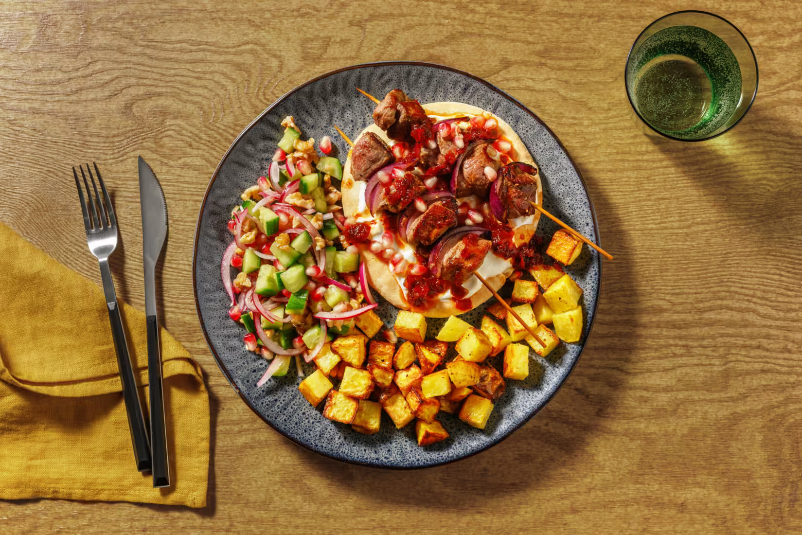 Mtsvadi Lamb Skewers with Flatbreads, Walnut & Pomegranate Salad and Roast Potatoes - Bermy Recipe B