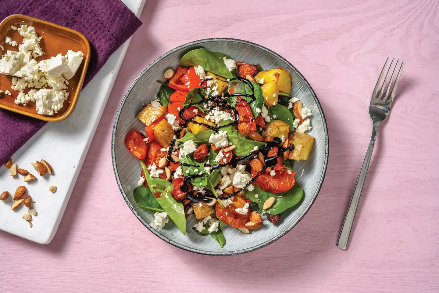 No Prep Chorizo, Potato and Almond Traybake with Baby Spinach and Feta - Bermy Recipe Box